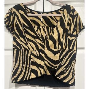 EUC Free People Black Yellow Striped Zebra Print Smocked waist Crop Top Size L